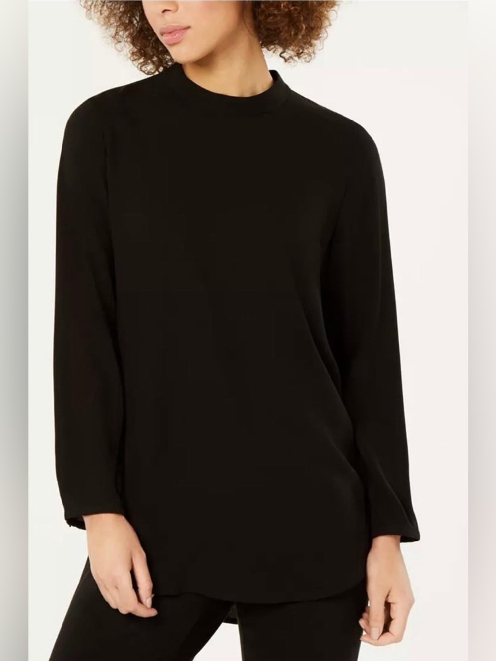 EILEEN FISHER - Black 100% Silk Mock neck pullover blouse with back keyhole. XS